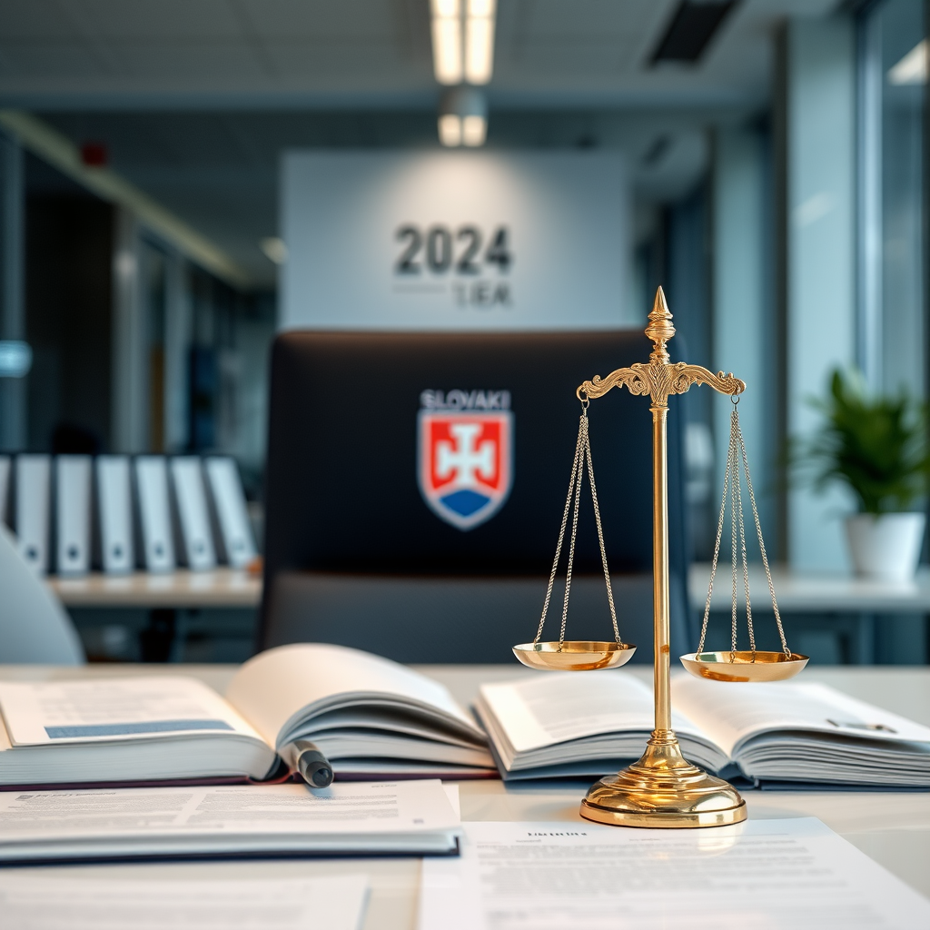 Modern office setting with Slovak legal documents and scales of justice representing new labor law changes in Slovakia for 2024