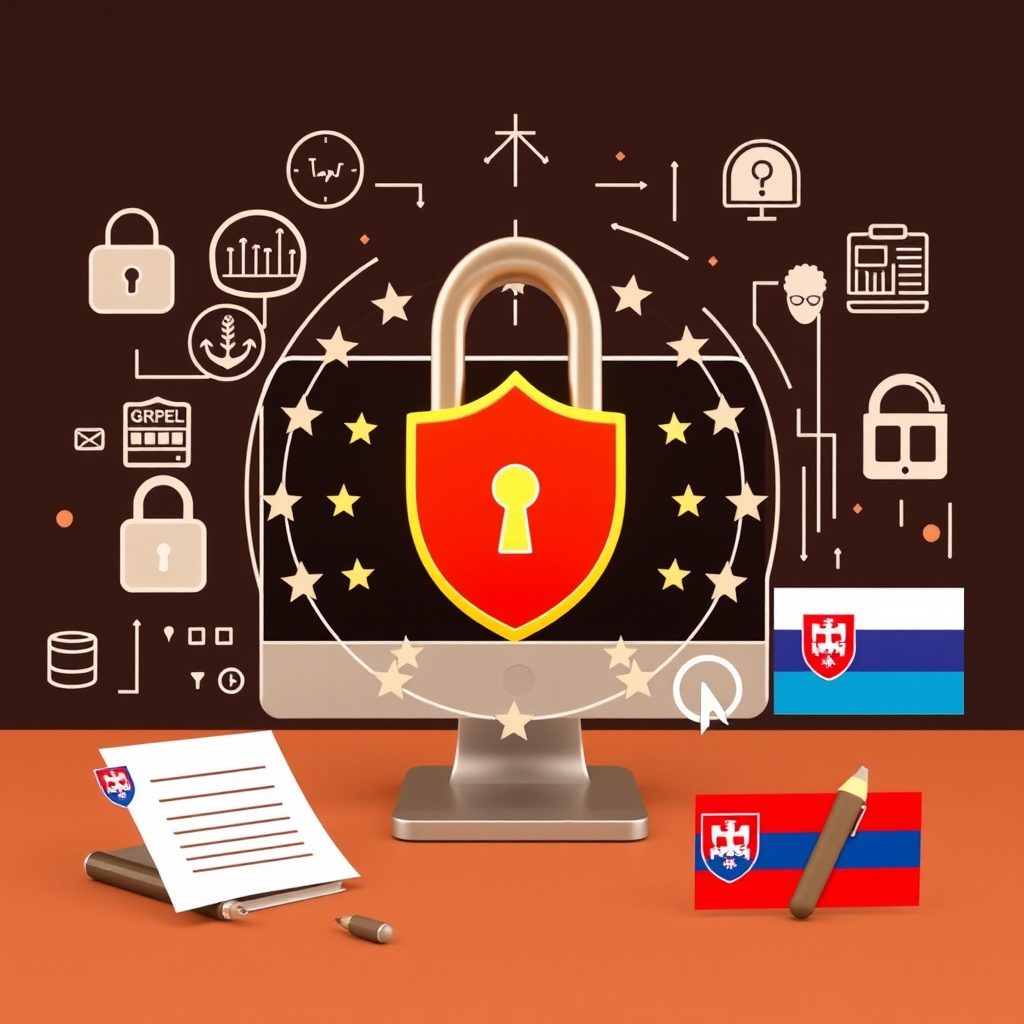 Modern digital privacy concept showing GDPR compliance with data protection symbols, legal documents, and Slovak flag elements in professional brown color scheme