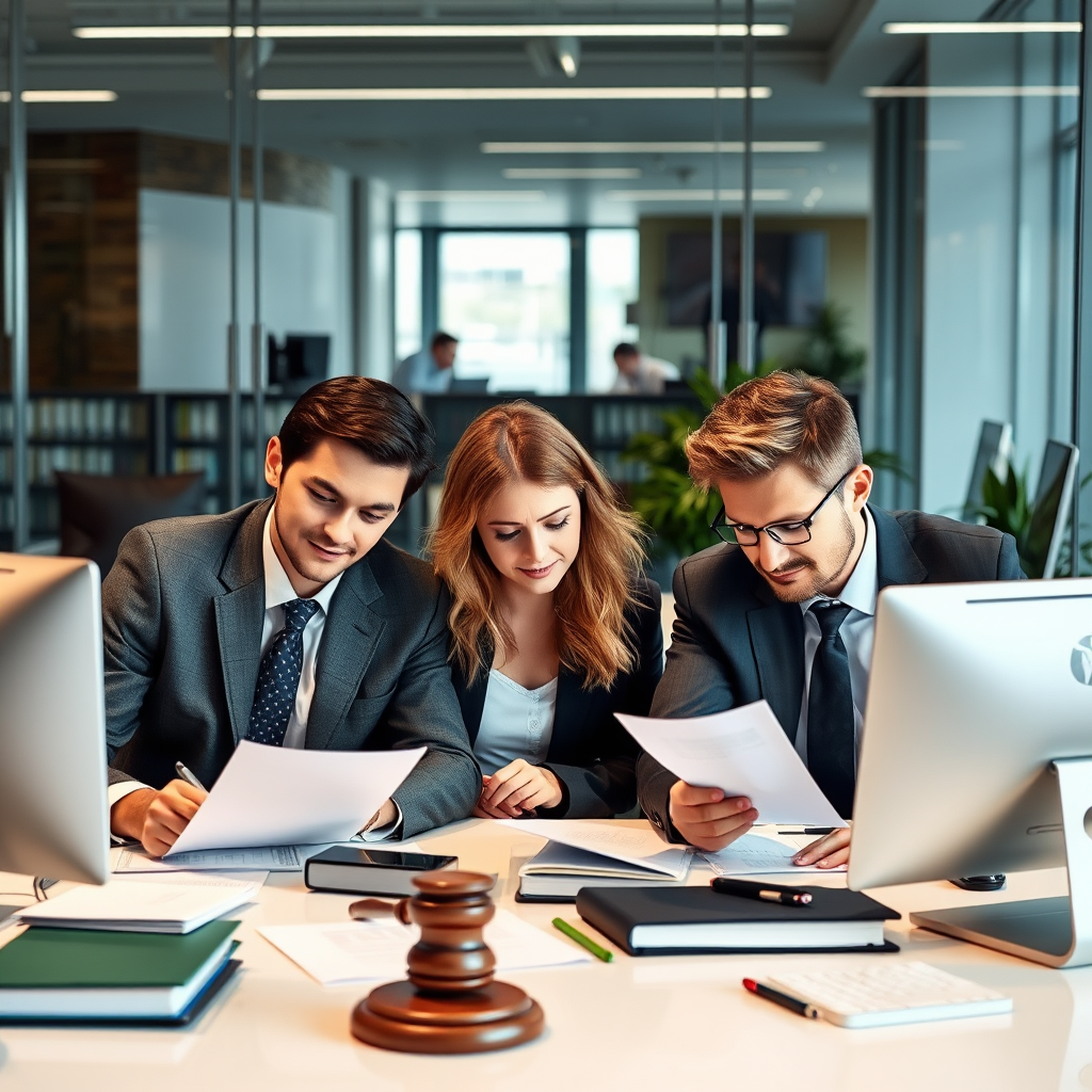 Professional lawyers working on administrative law cases in a modern office setting with legal documents and computers