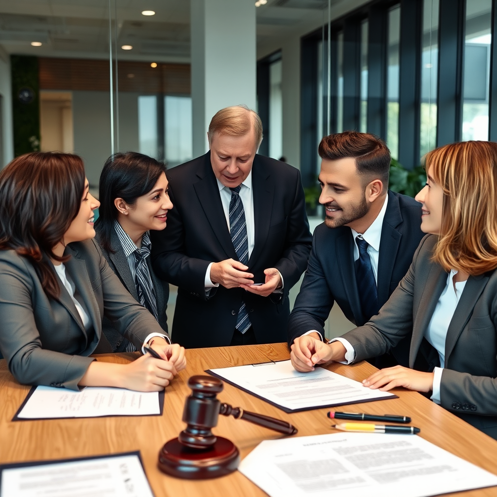 Professional lawyers consulting with clients about employment law matters in a modern office setting with legal documents and contracts on the table
