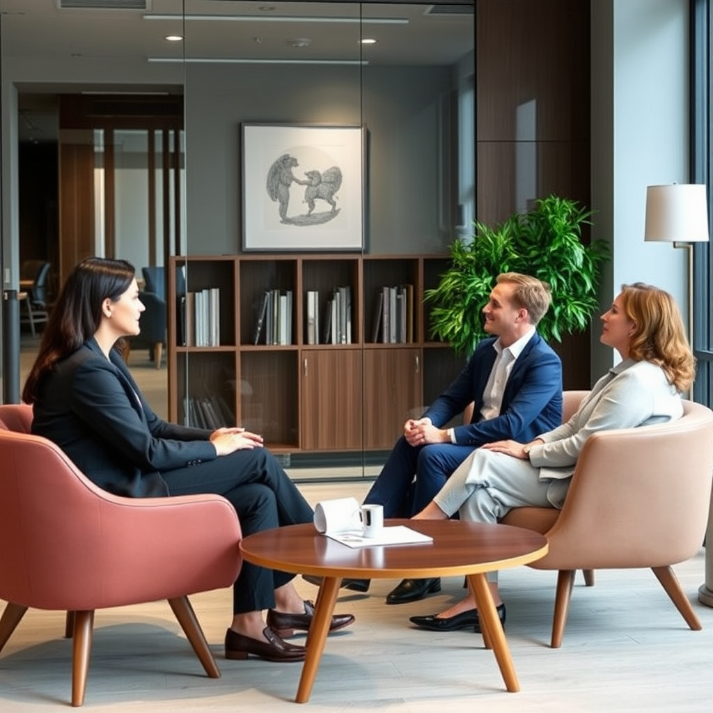 Professional family law consultation in modern office setting with lawyer discussing sensitive matters with clients in comfortable environment