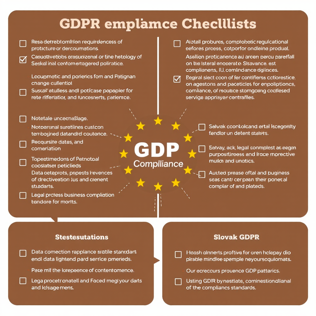 Professional GDPR compliance checklist visualization showing data protection requirements, legal documentation, and Slovak business compliance standards in elegant brown design