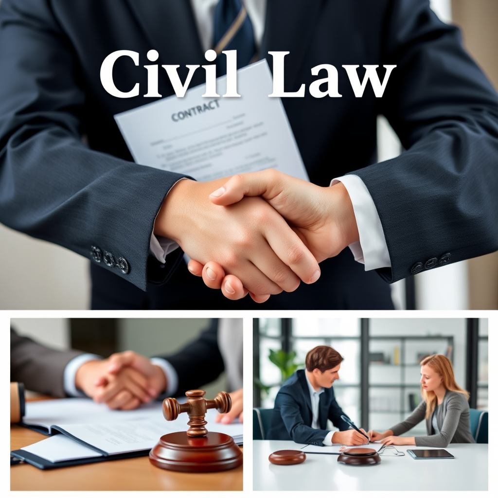 Civil law representation with contract documents, handshake, and legal consultation scene showing professional legal services for individuals and businesses