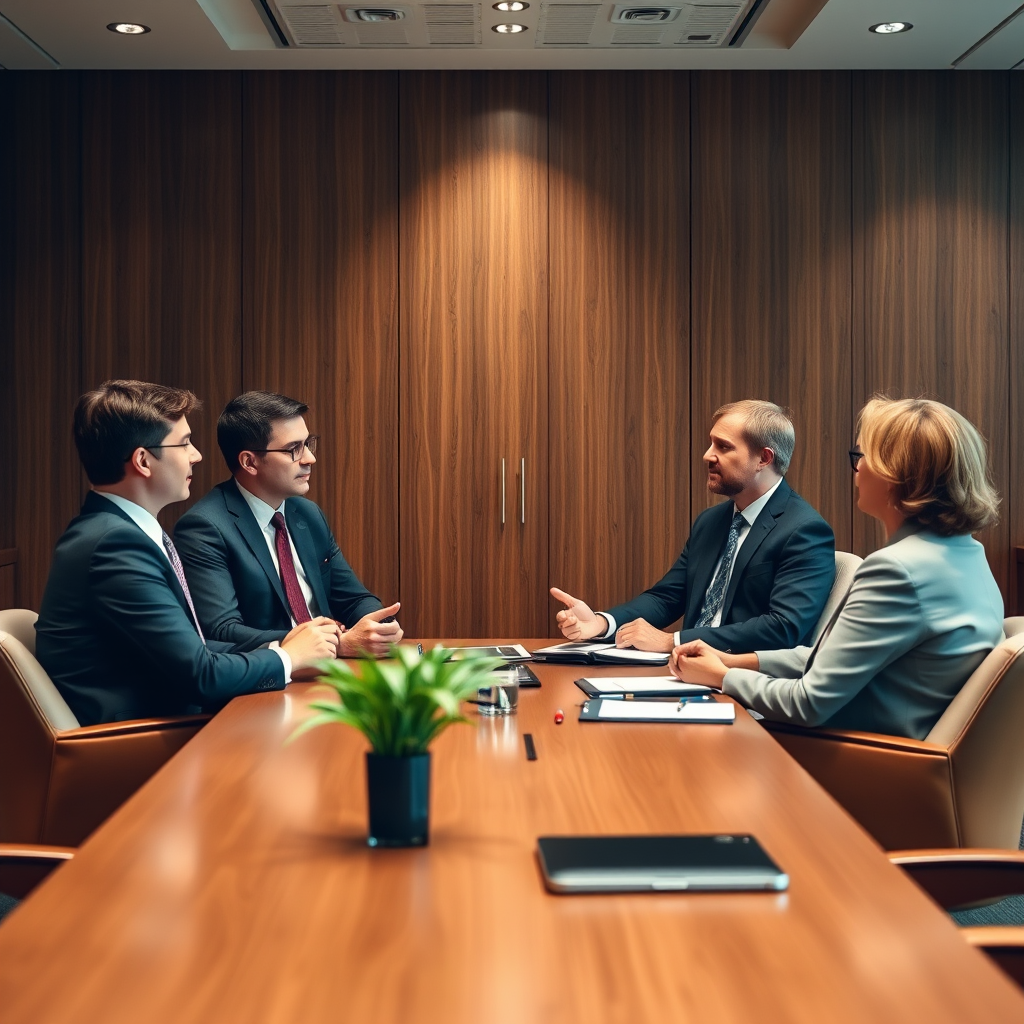 Professional legal consultation meeting between lawyers and clients discussing administrative law matters in a conference room