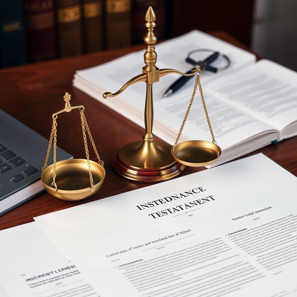 Legal documents and testament papers on wooden desk with scales of justice representing inheritance law proceedings and estate planning
