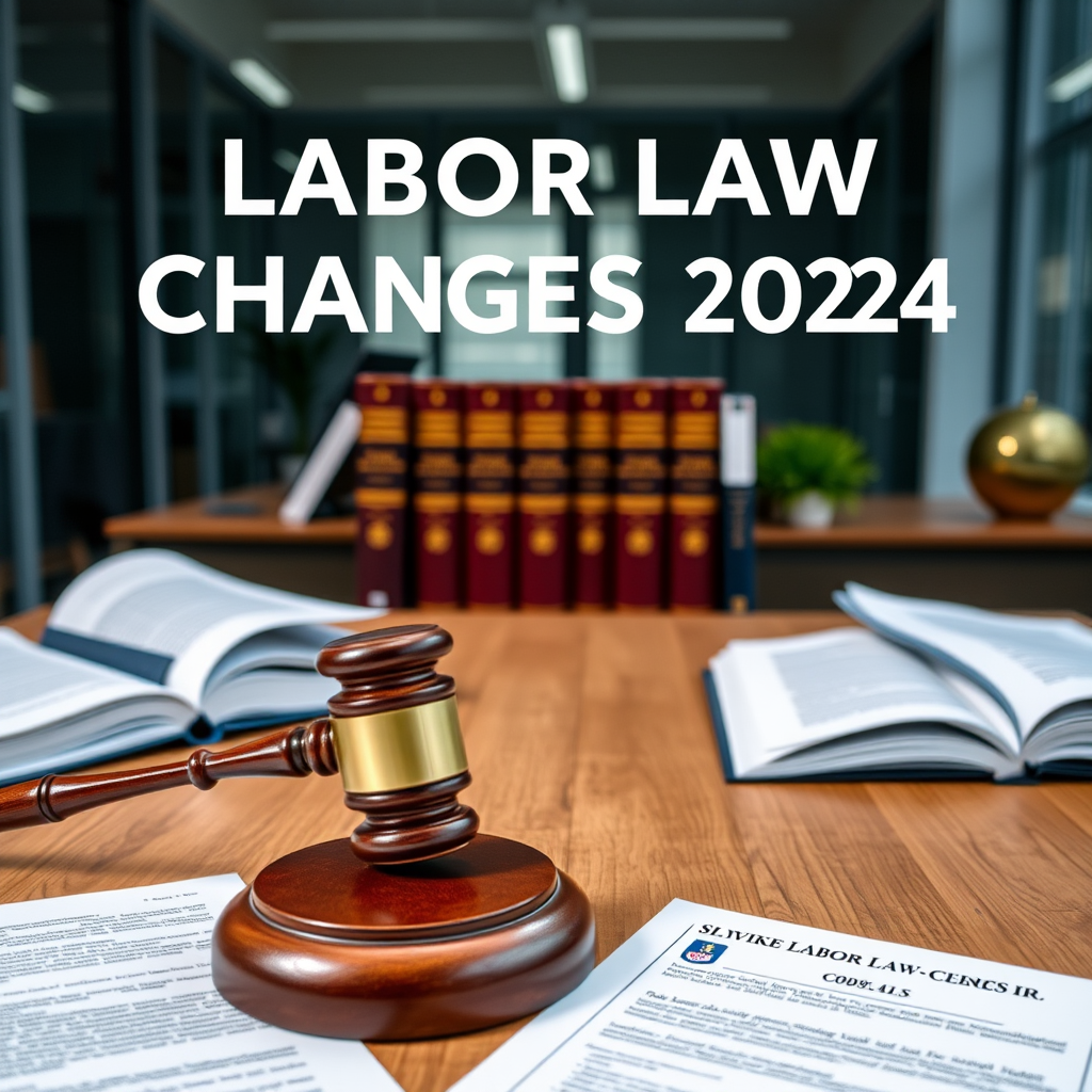 Modern office setting with legal documents, law books, and a gavel on a wooden desk, representing Slovak labor law changes for 2024