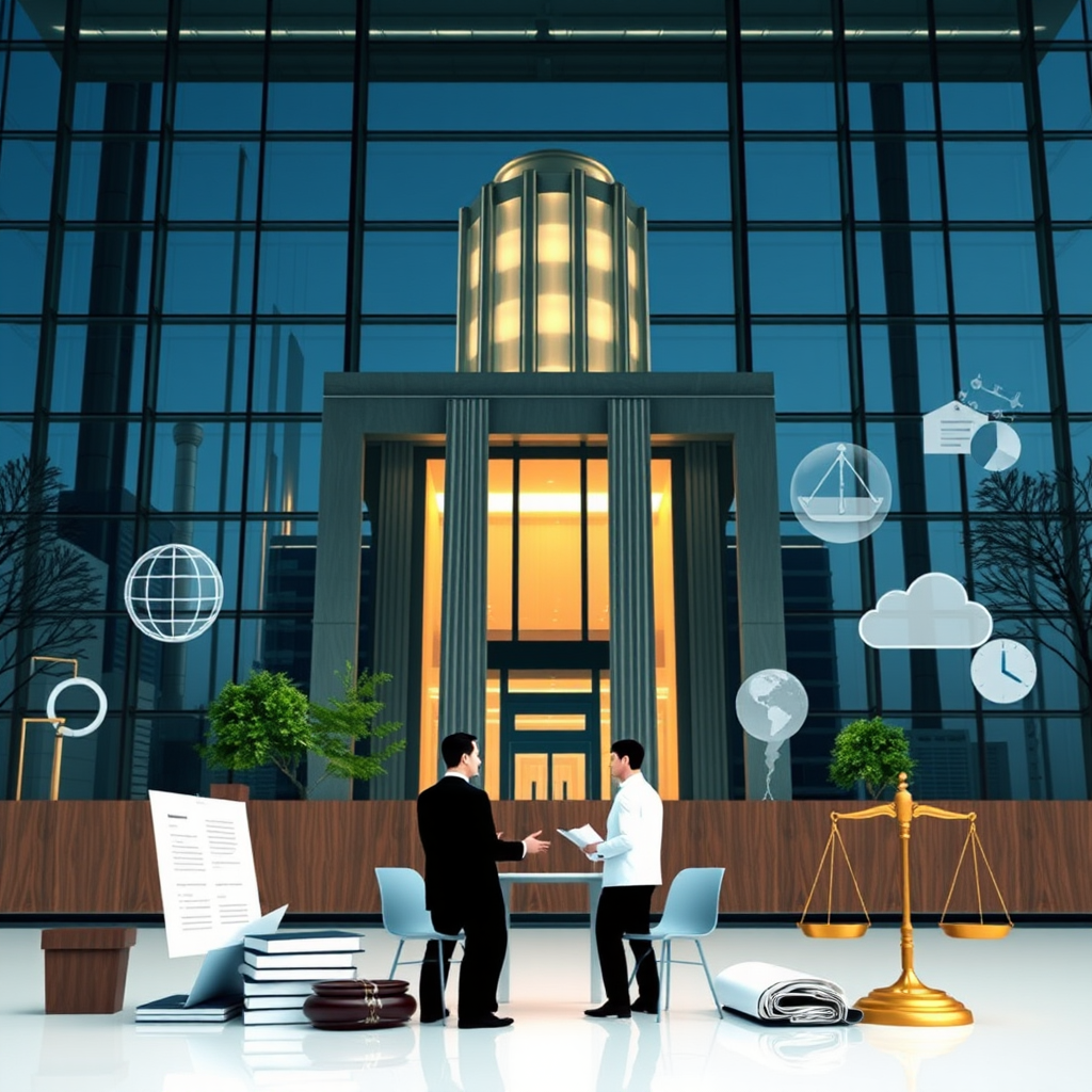 Corporate law and business consultation with office building, business people in meeting, legal documents, and corporate governance symbols