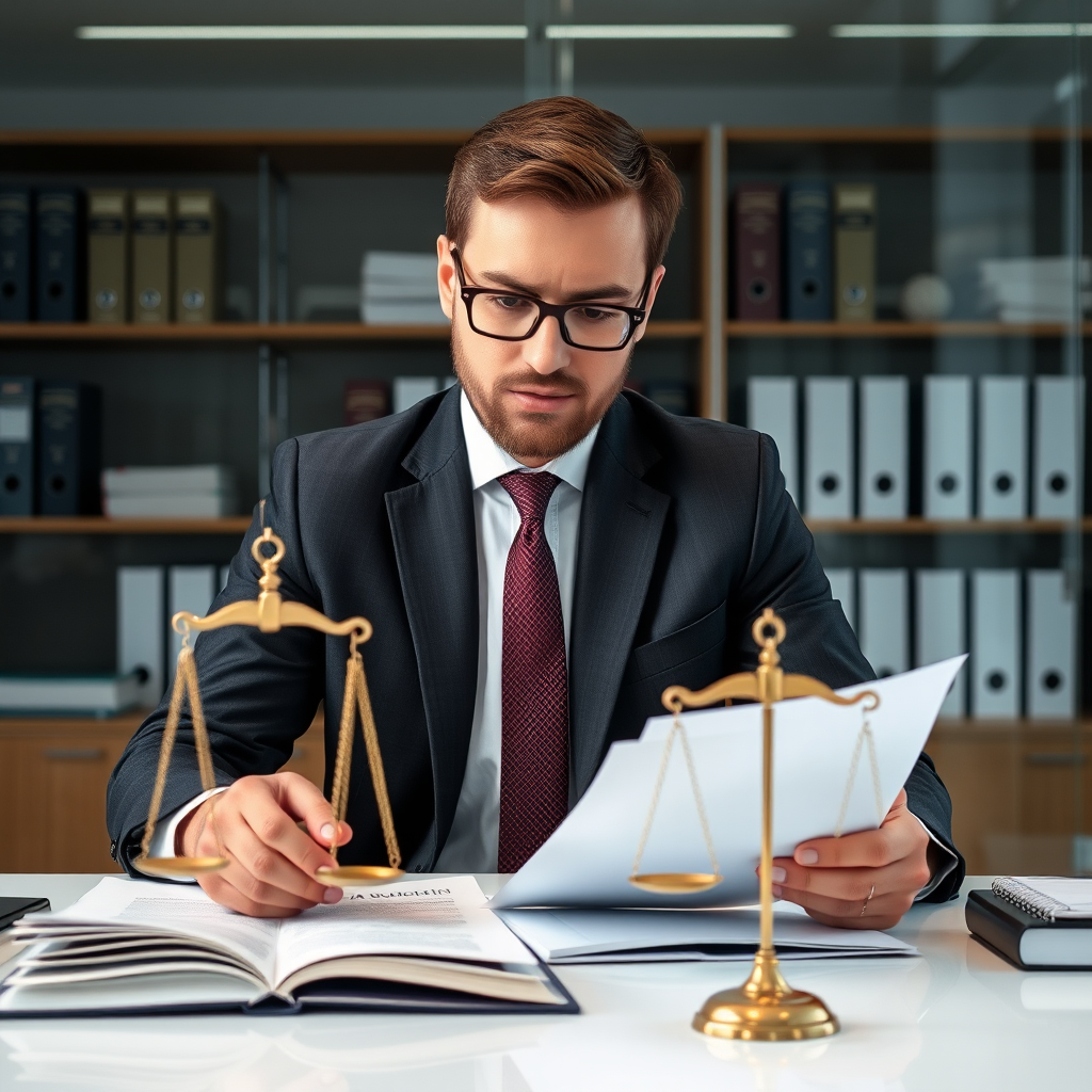 Professional lawyer reviewing administrative documents and appeal procedures in a modern Slovak law office with scales of justice visible