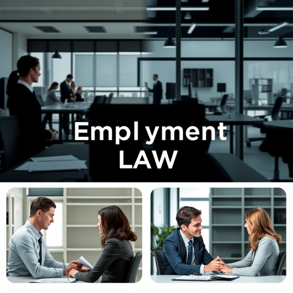 Employment law services showing workplace environment, employment contracts, labor dispute resolution, and professional consultation between employer and employee