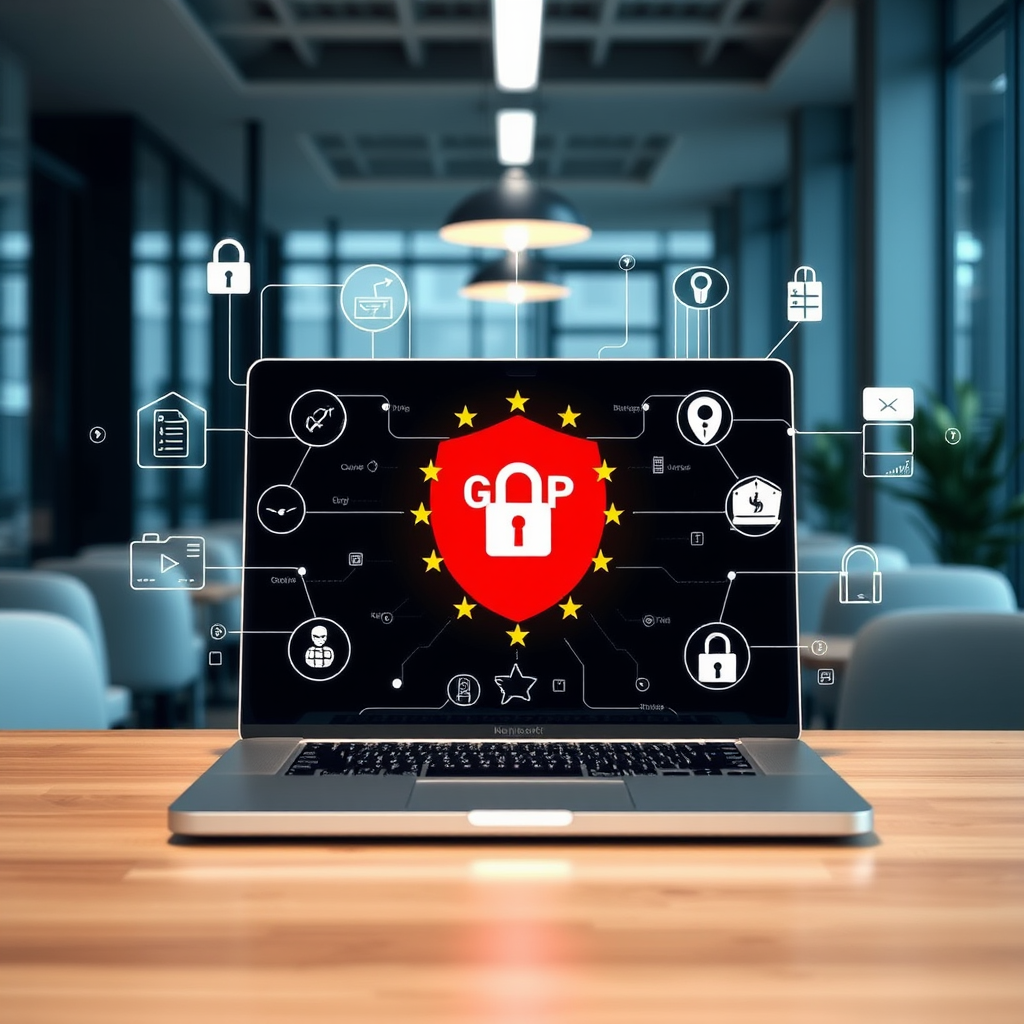 Digital privacy concept with laptop showing GDPR compliance interface, security icons, and data protection symbols in a modern Slovak legal office