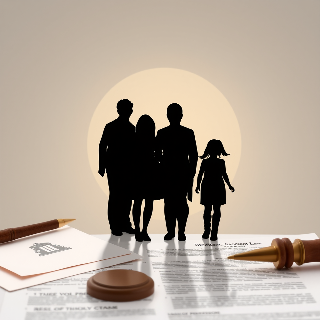 Family law and inheritance proceedings with family silhouettes, legal documents, inheritance symbols, and compassionate legal representation in personal matters